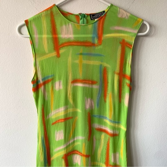 Vintage Versace 1996 Silk Jersey Abstract Print Lime Green Sleeveless Mini Dress - Picture 7 of 13